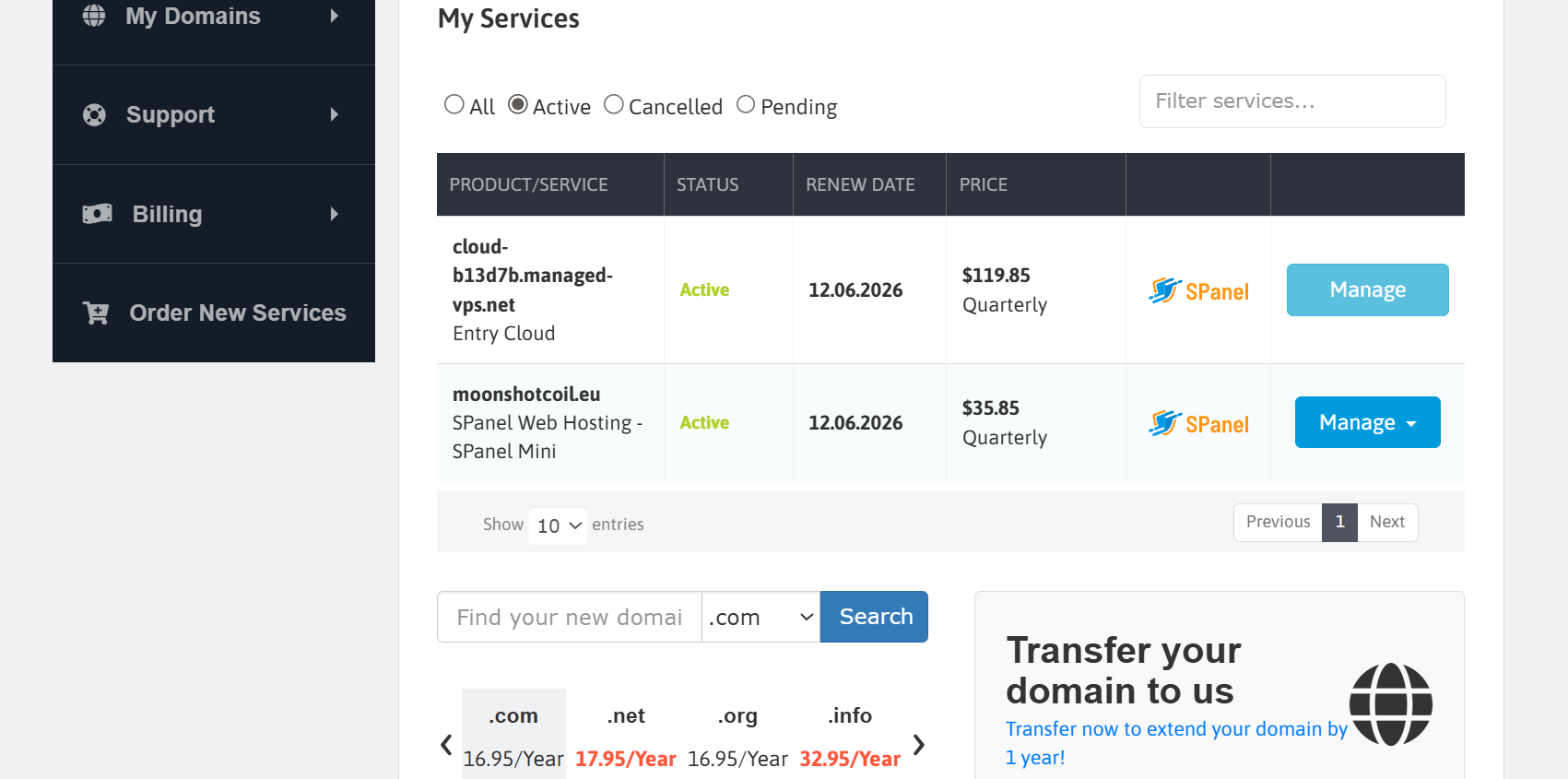 screenshot of My Services tab