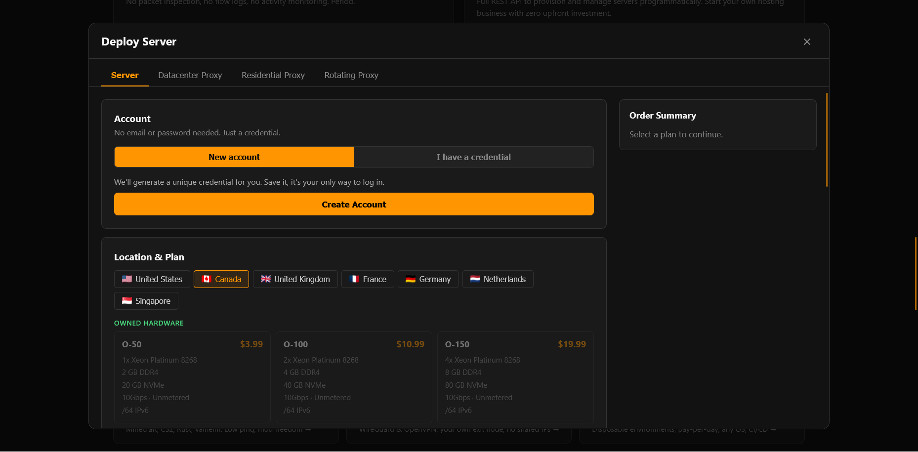 screenshot of Servury Hosting plan configuration 