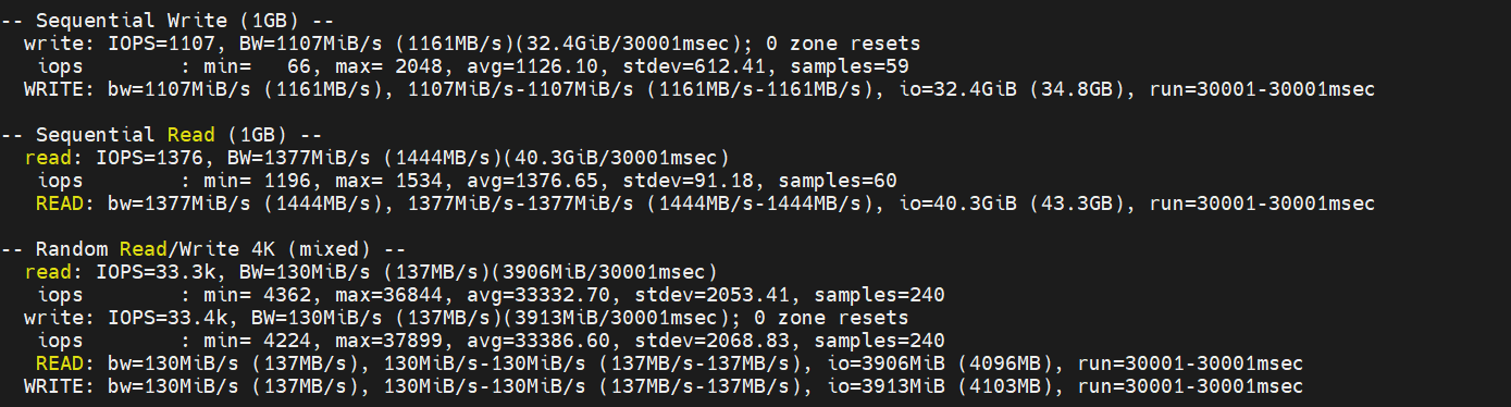 screenshot of the Disk I/O test results