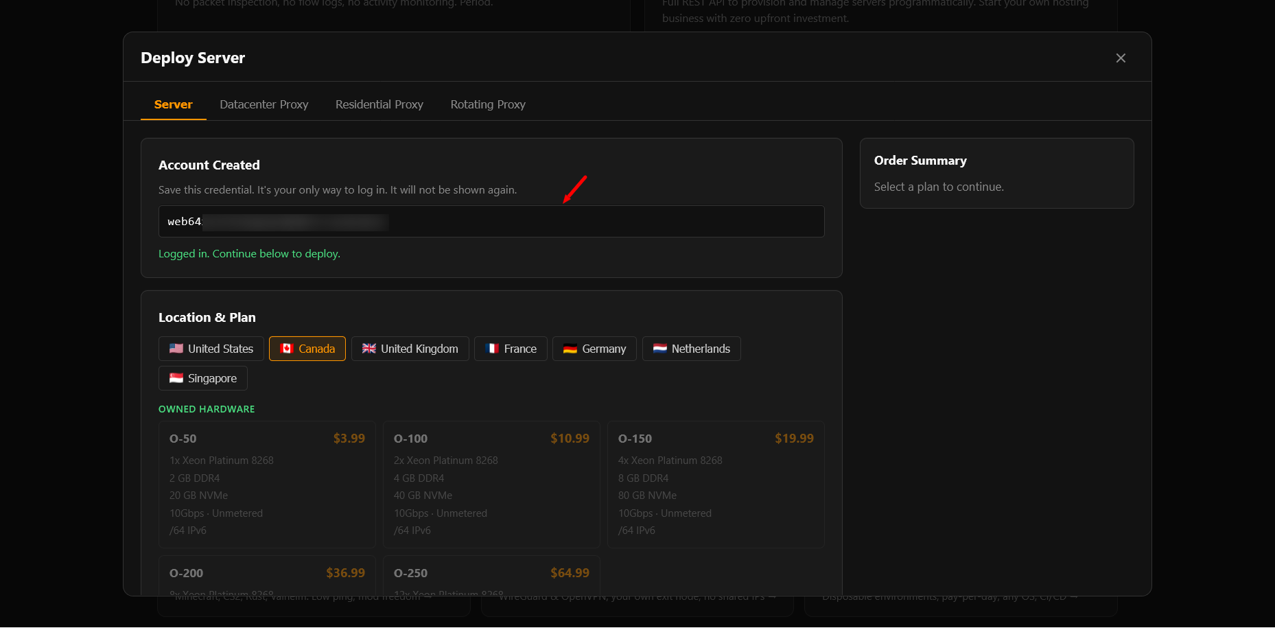 screenshot of Servury Account creating 