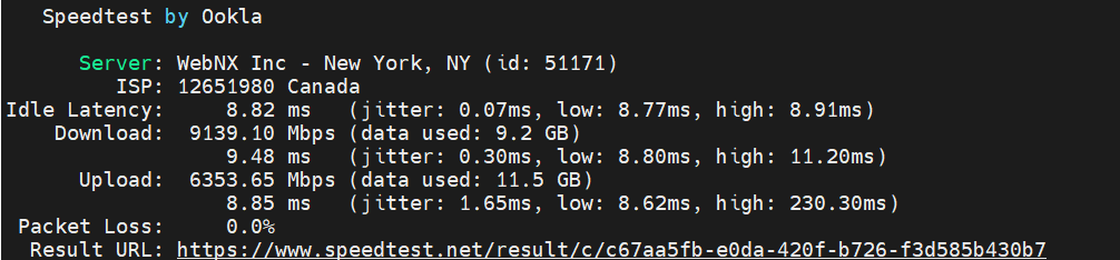 screenshot of Network Speed test results