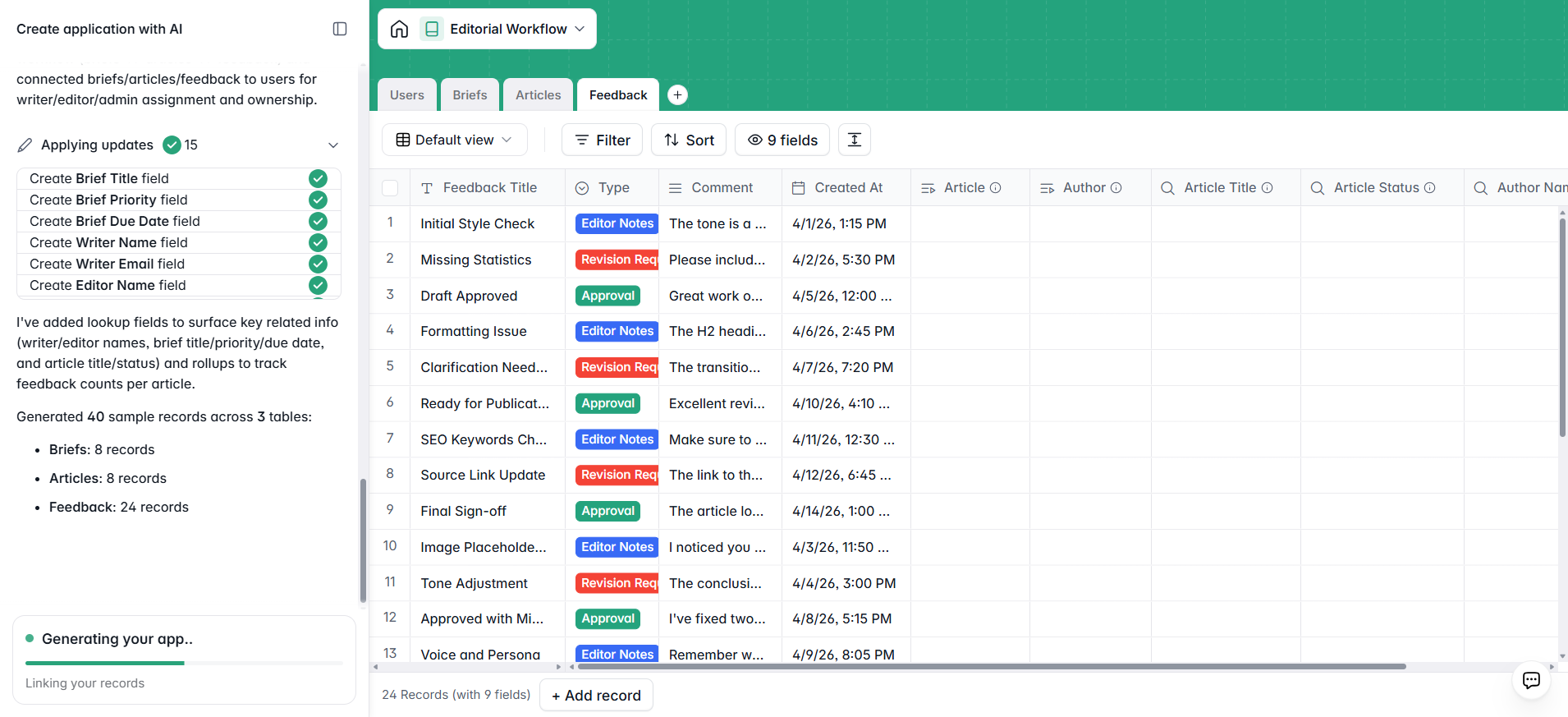 screenshot of editorial workflow