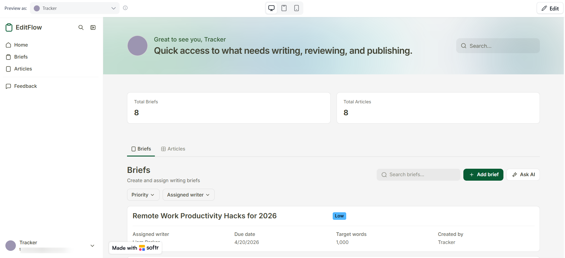 screenshot of Briefs tab