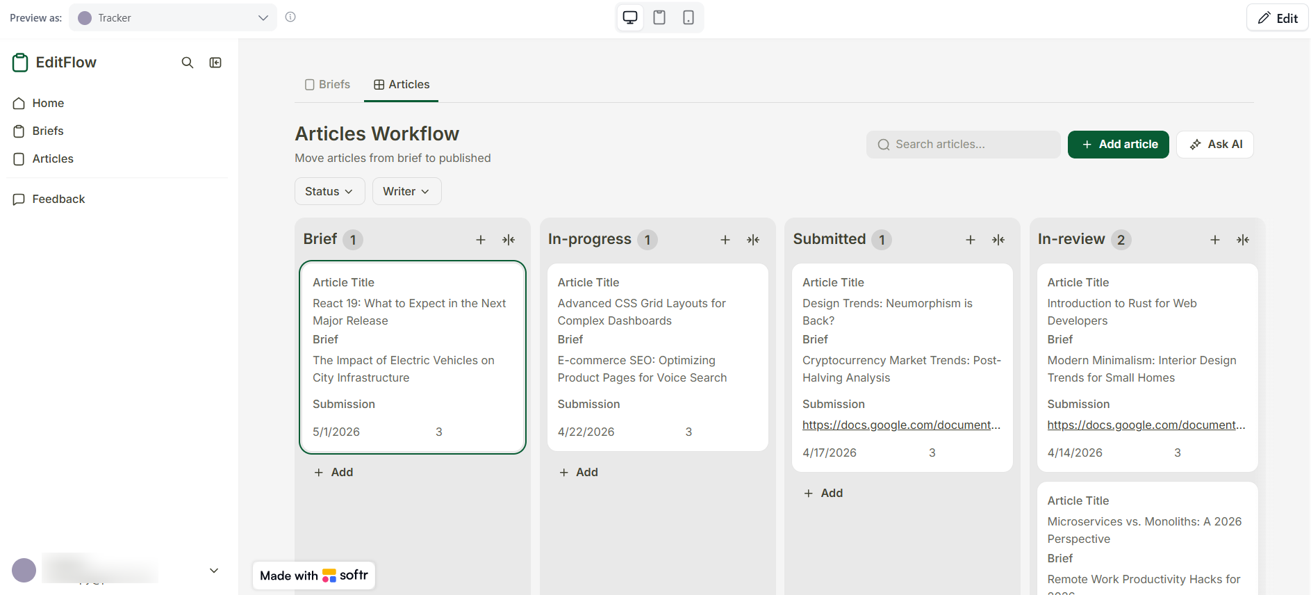 screenshot of Articles Workflow