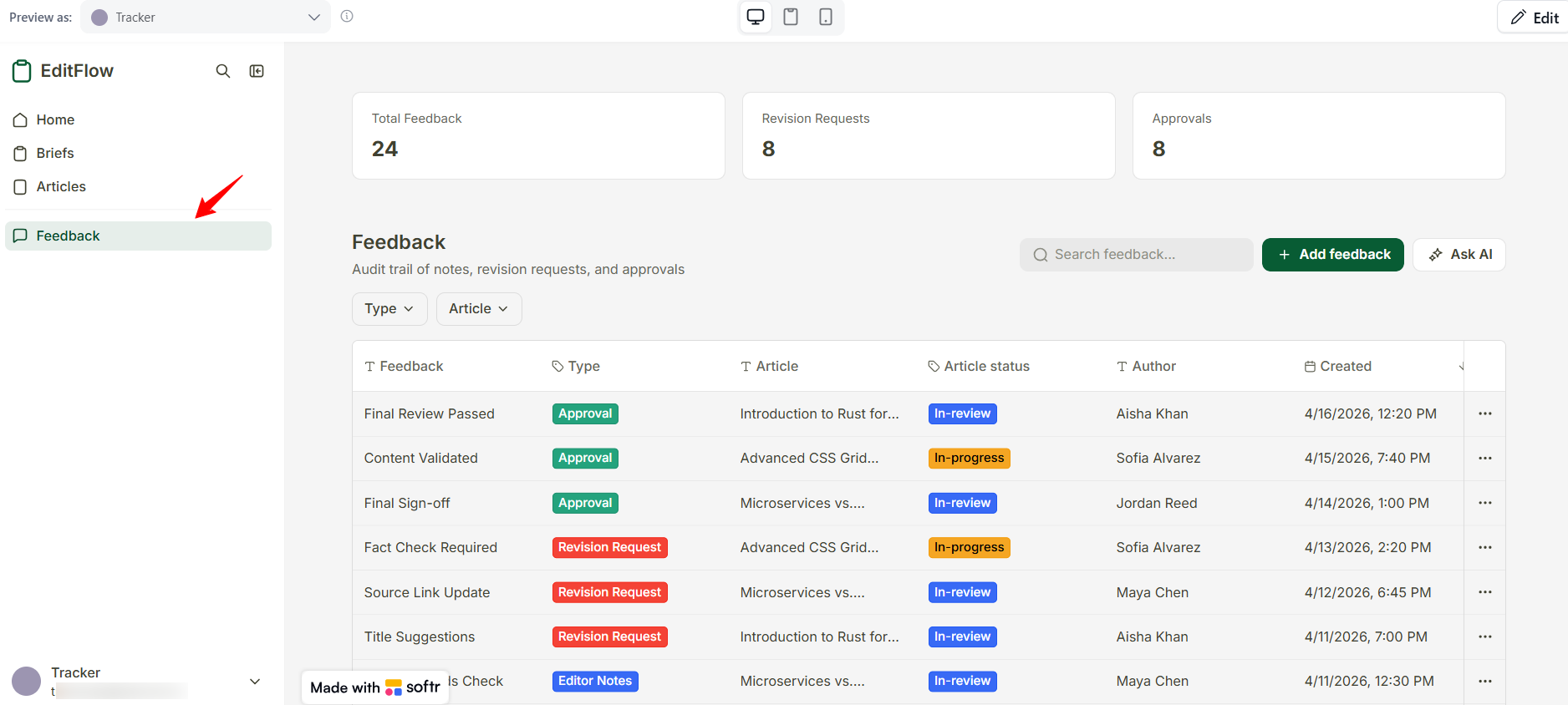 screenshot of Feedback menu