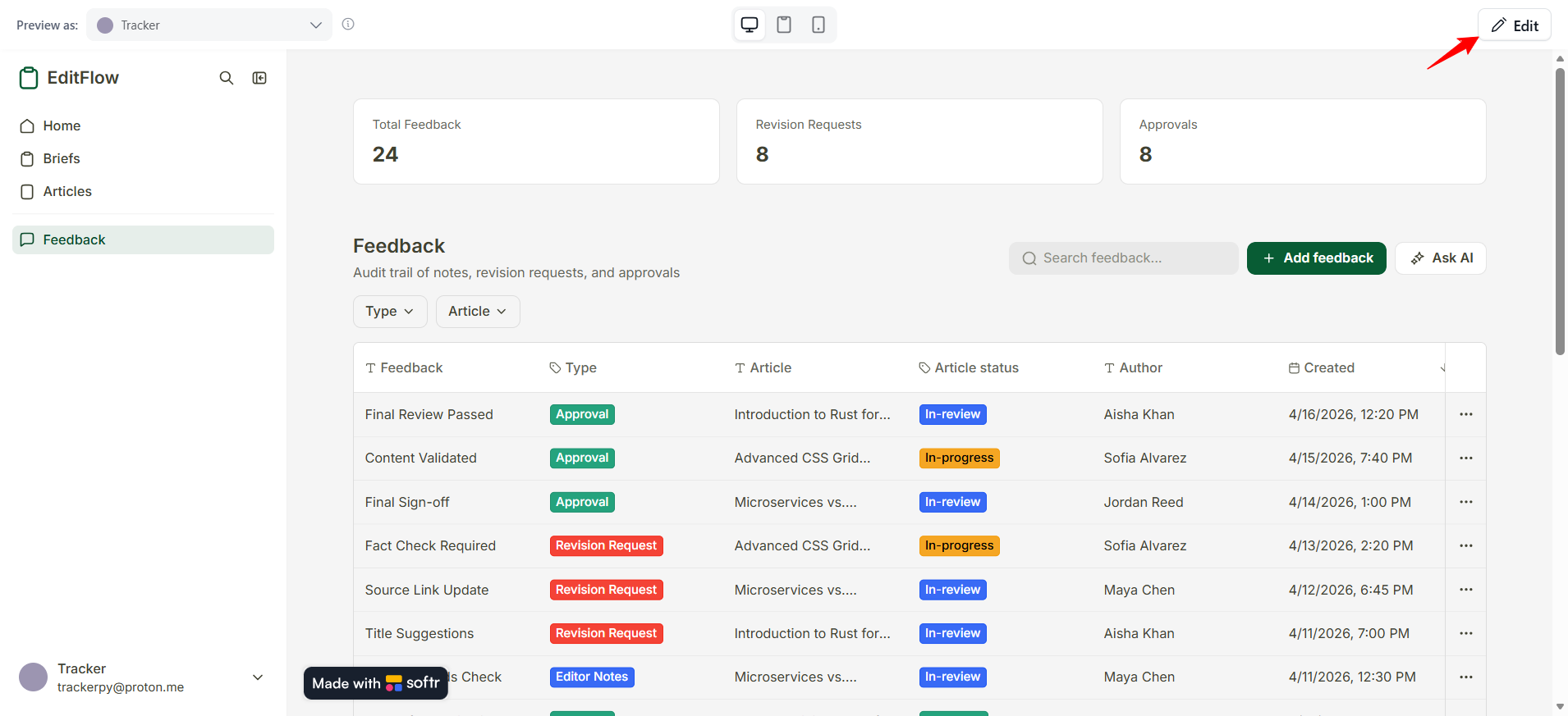 screenshot of Feedback menu Edit button