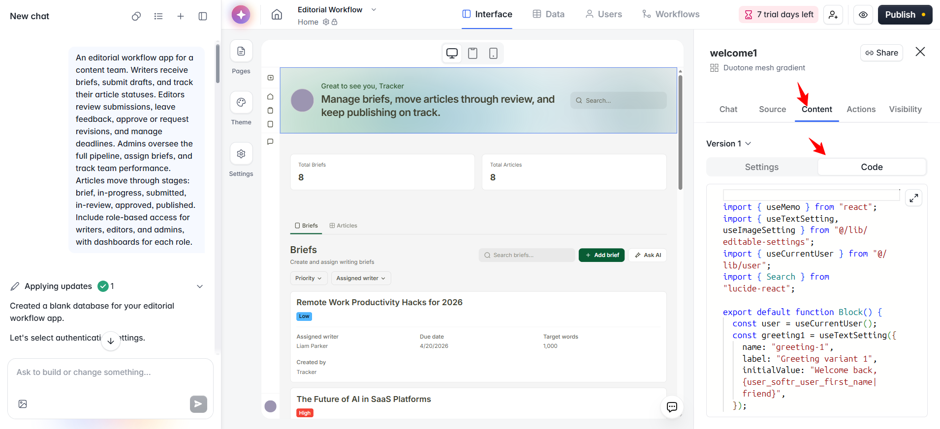 screenshot of Content code editor