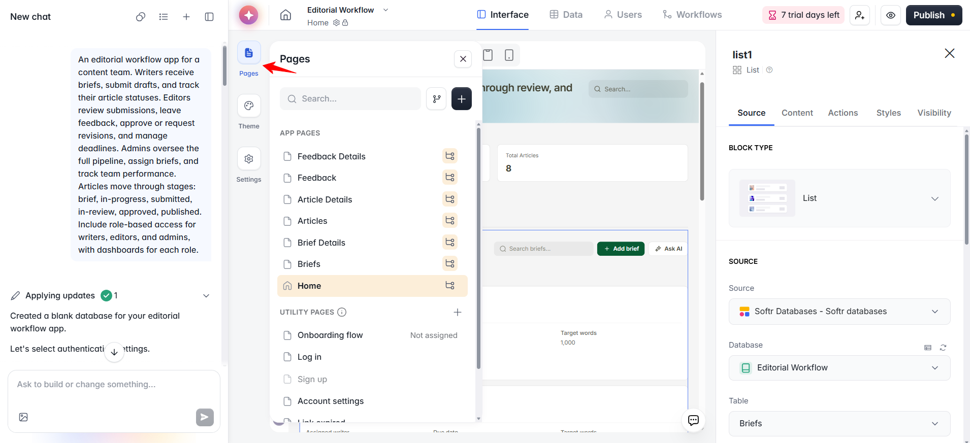 screenshot of pages menu