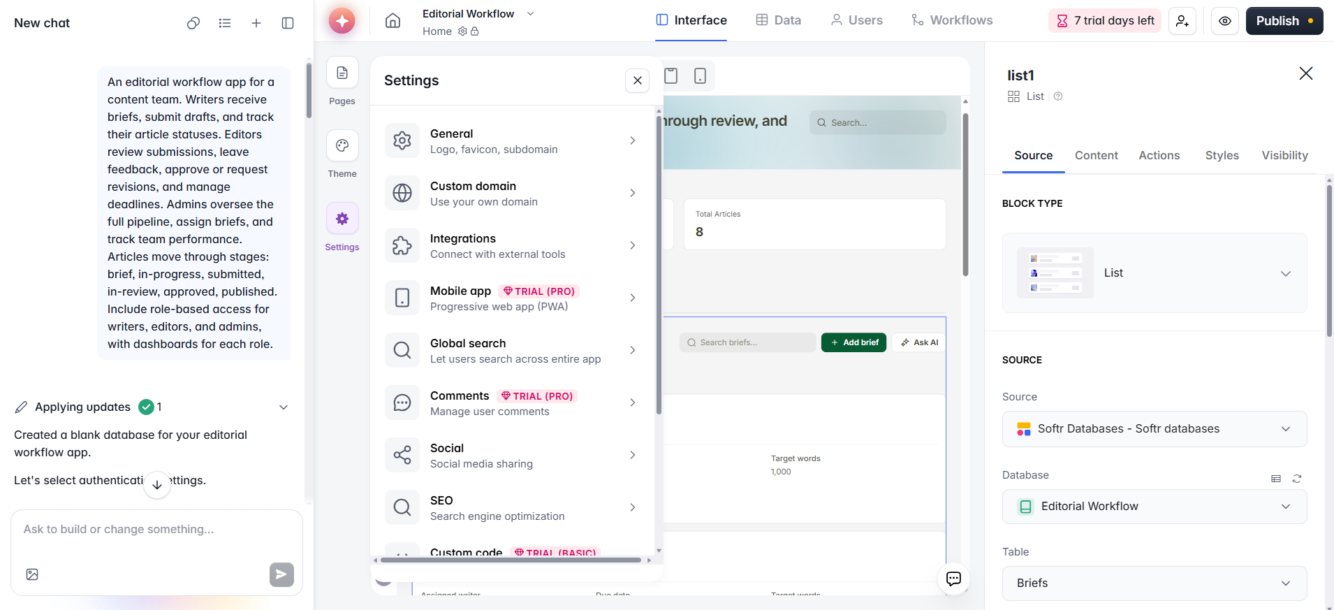 screenshot of Settings menu