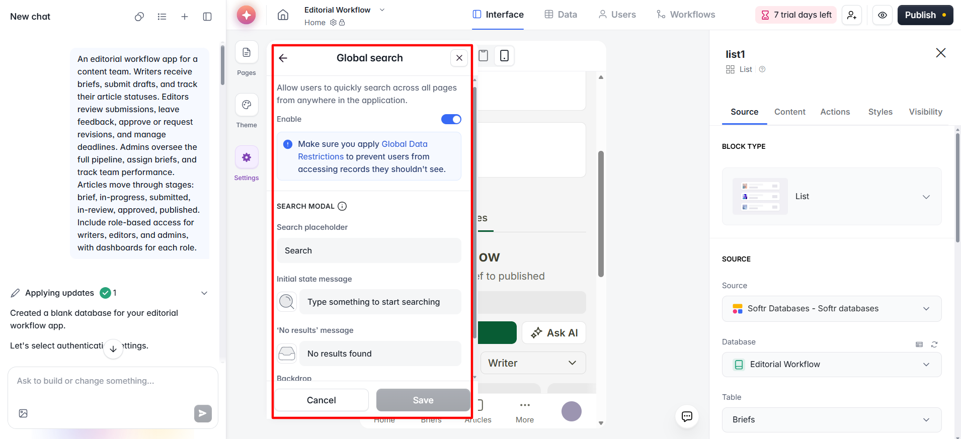 screenshot of Global Search