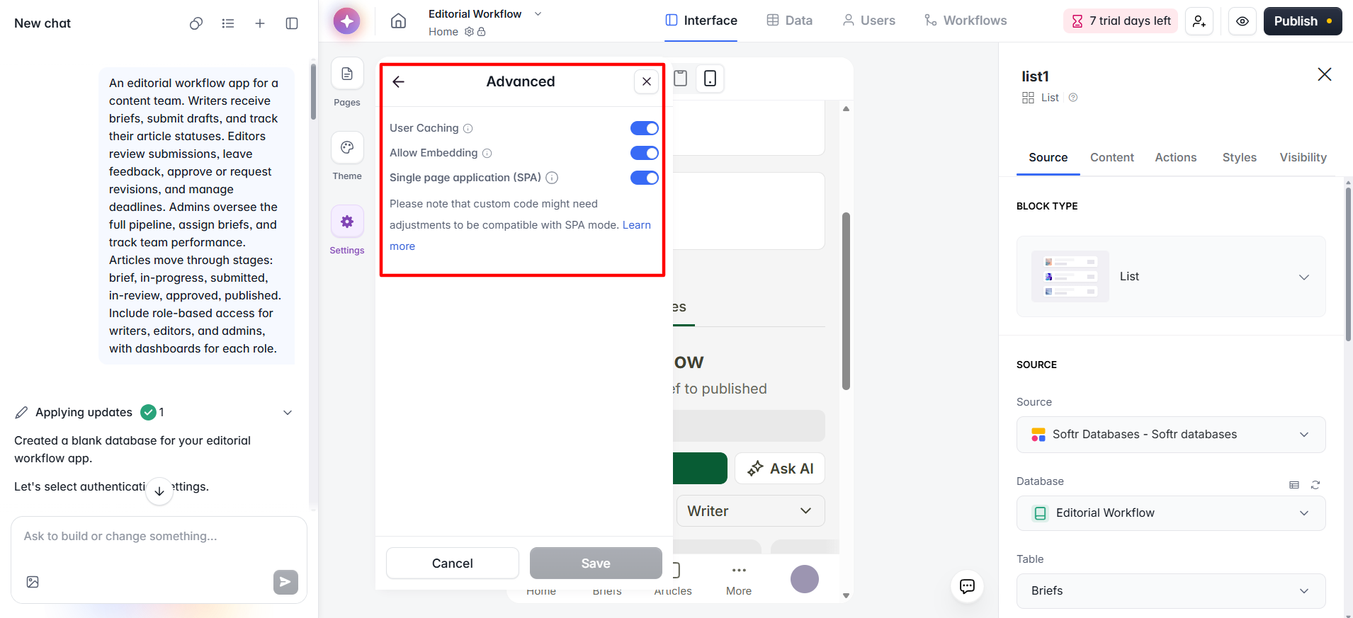 screenshot of Advanced menu