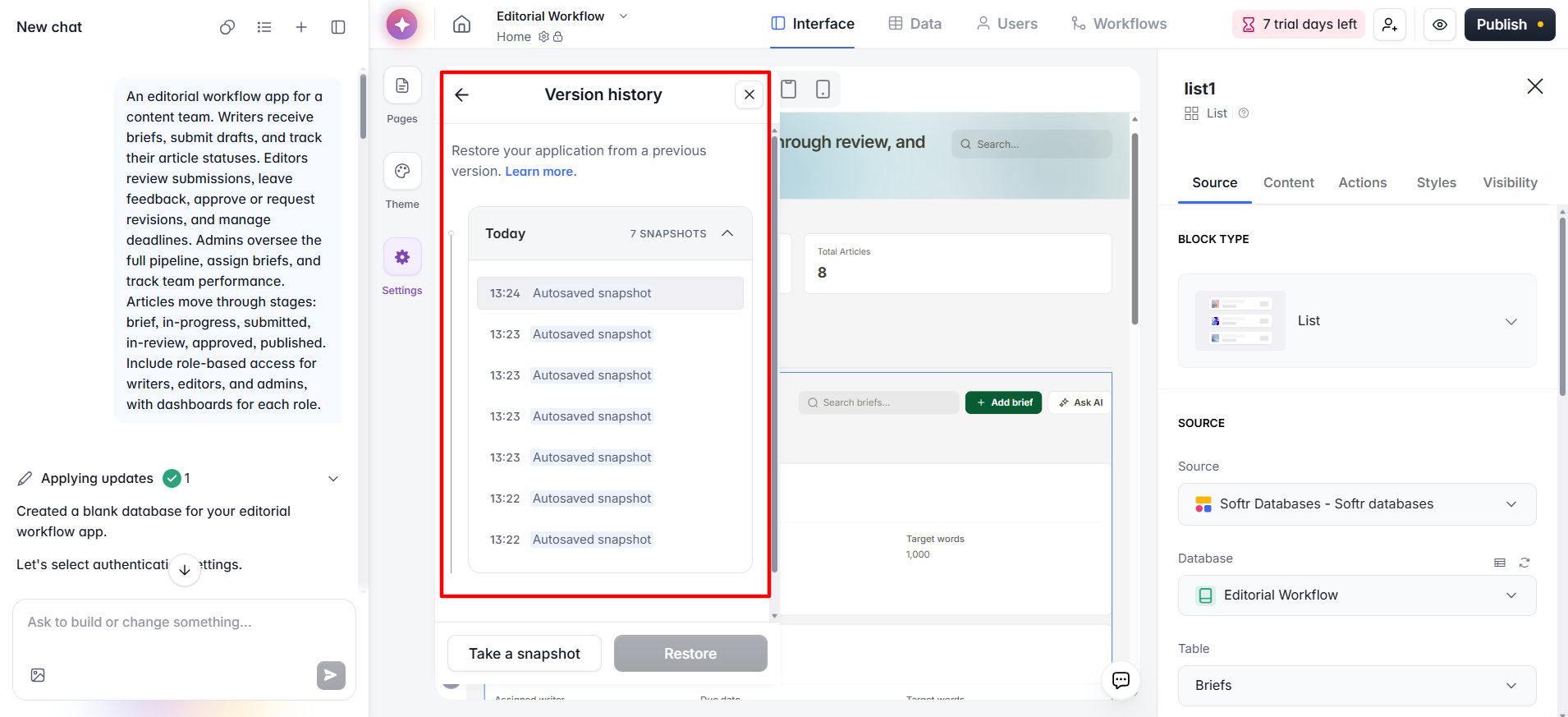 screenshot of Version history