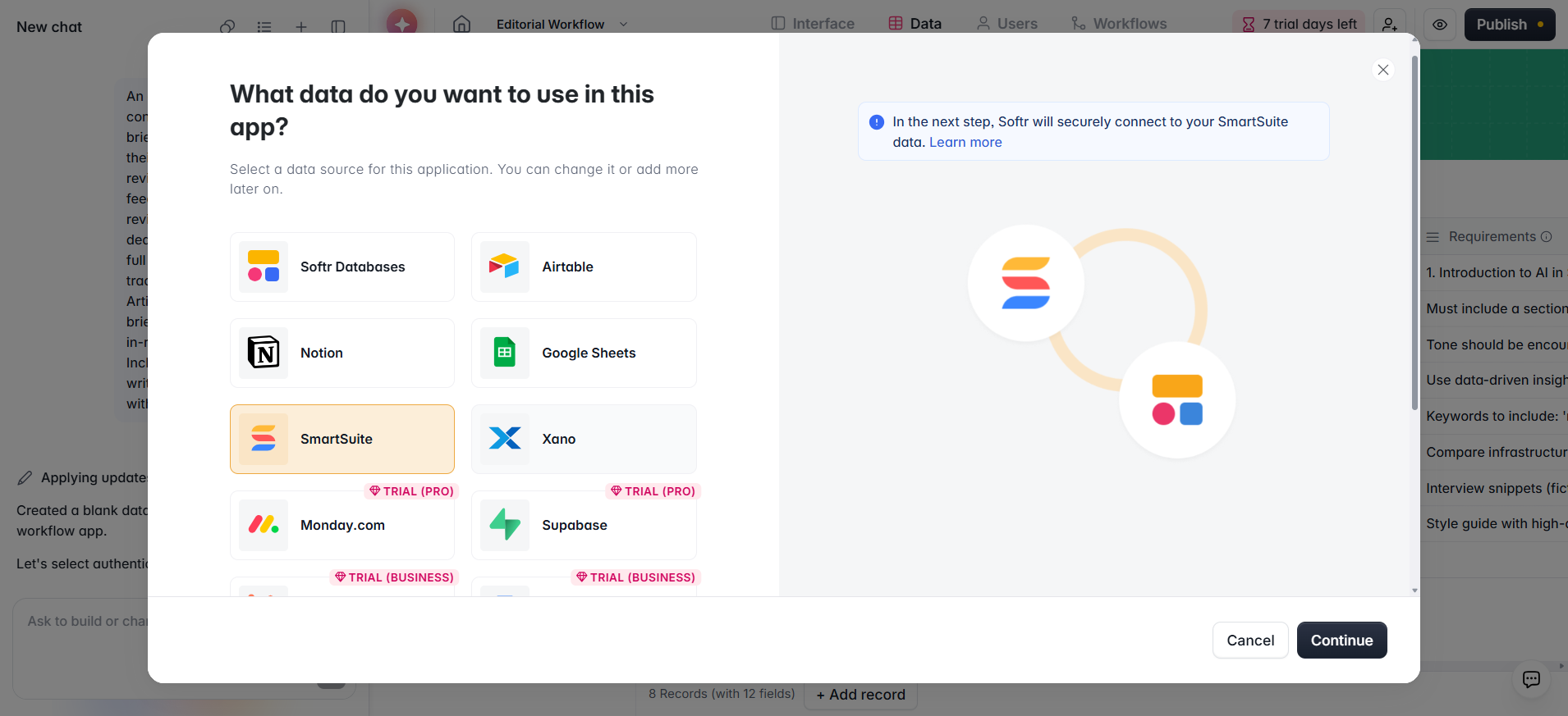 screenshot of Data pop up menu