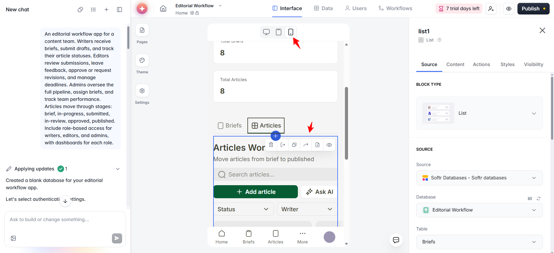 screenshot of mobile view toggle