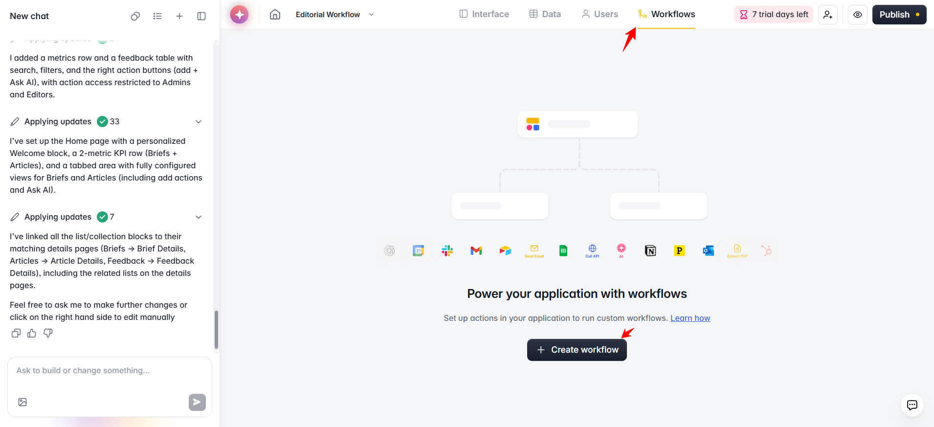 screenshot of WorkFlows tab