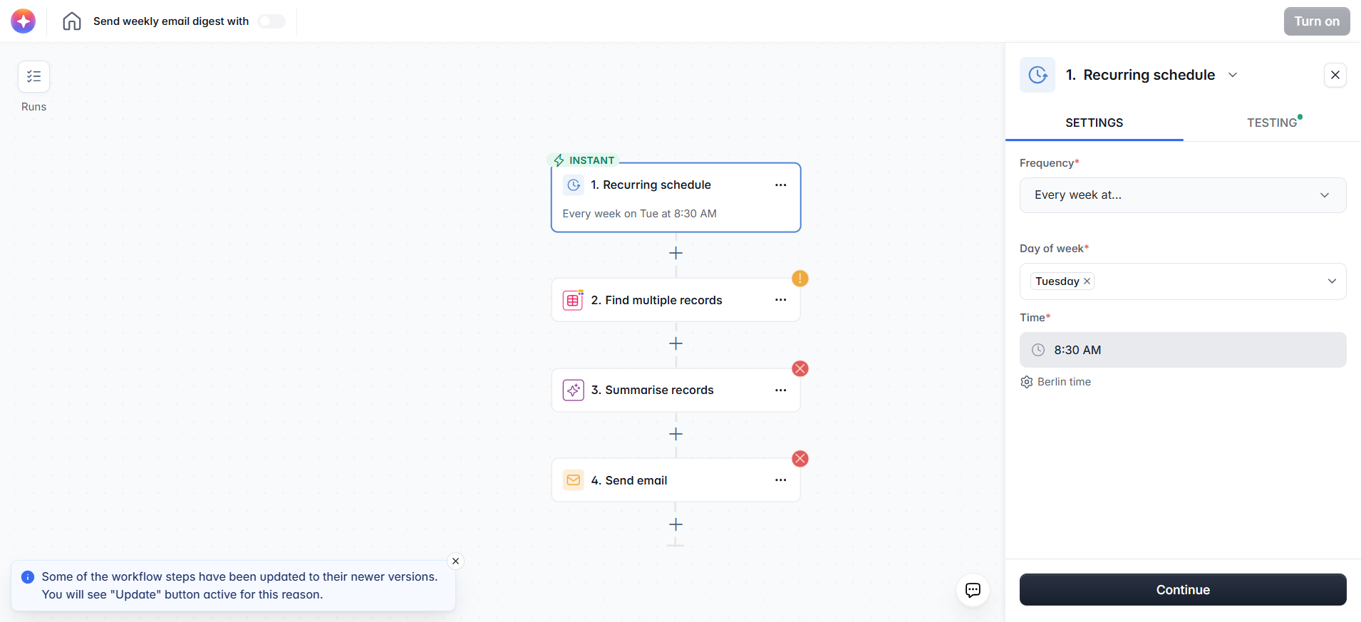 screenshot of Recurring schedule settings
