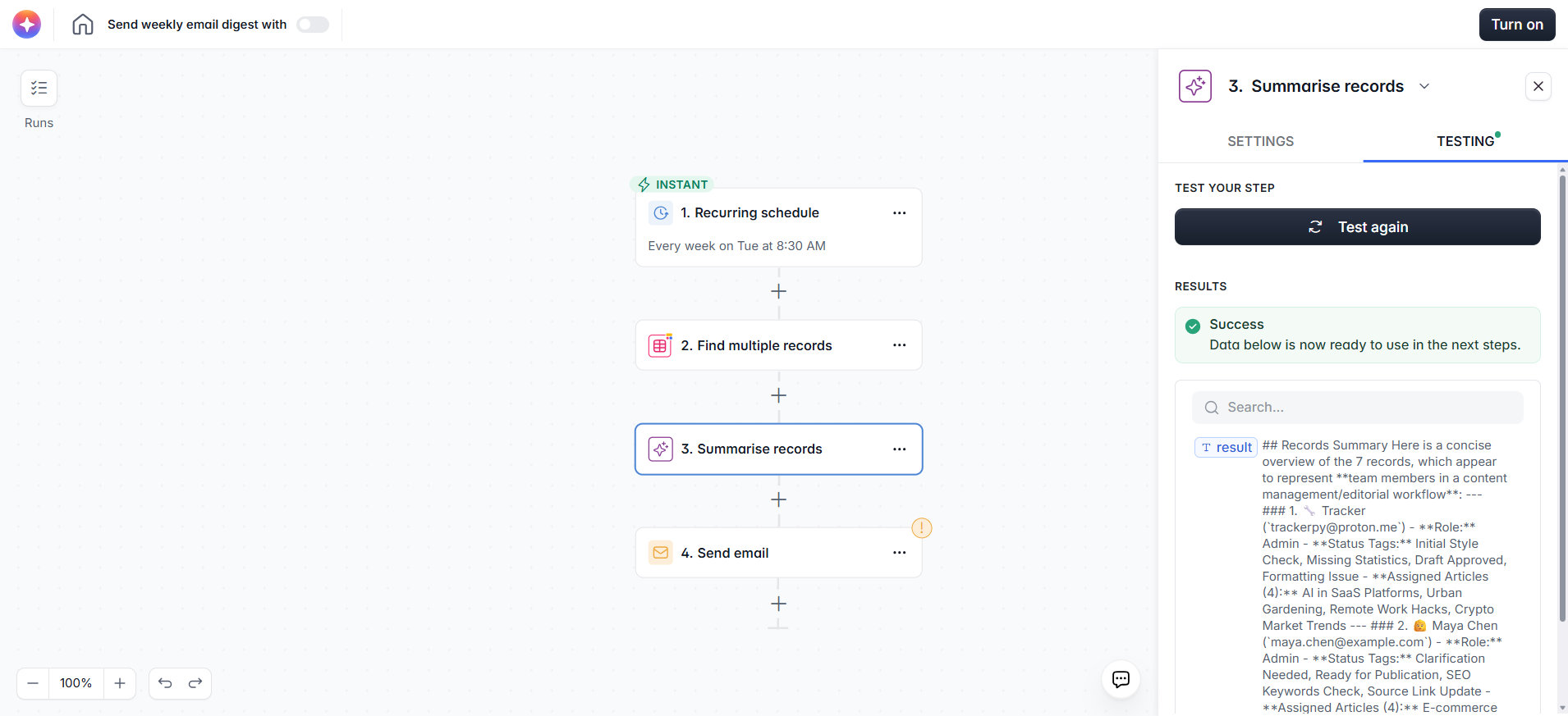 screenshot of Summarise records testing tab