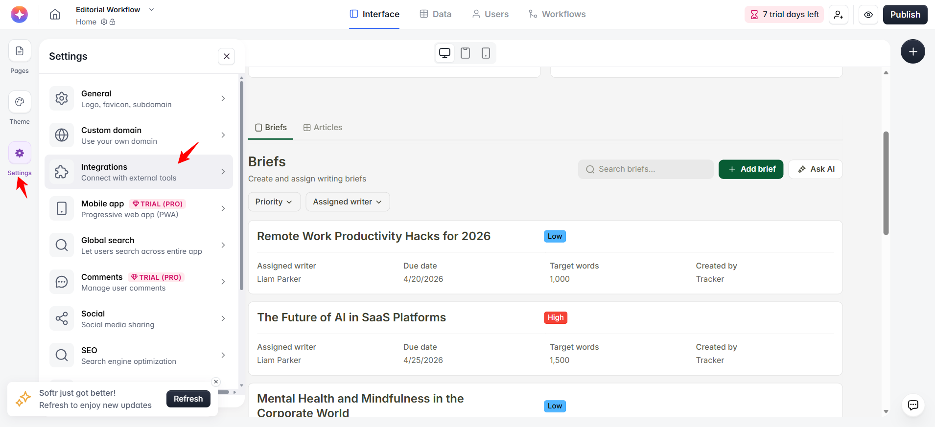 screenshot of Integrations tab