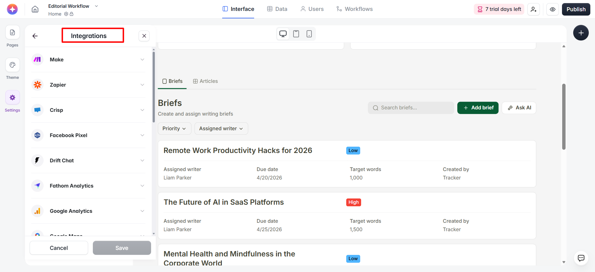 screenshot of Integrations list
