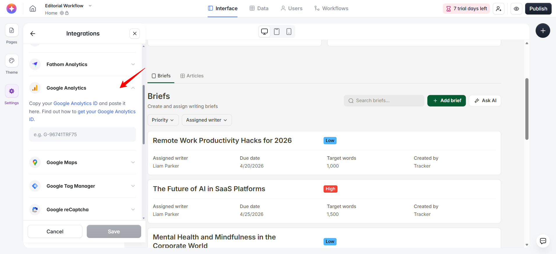 screenshot of Google Analytics menu