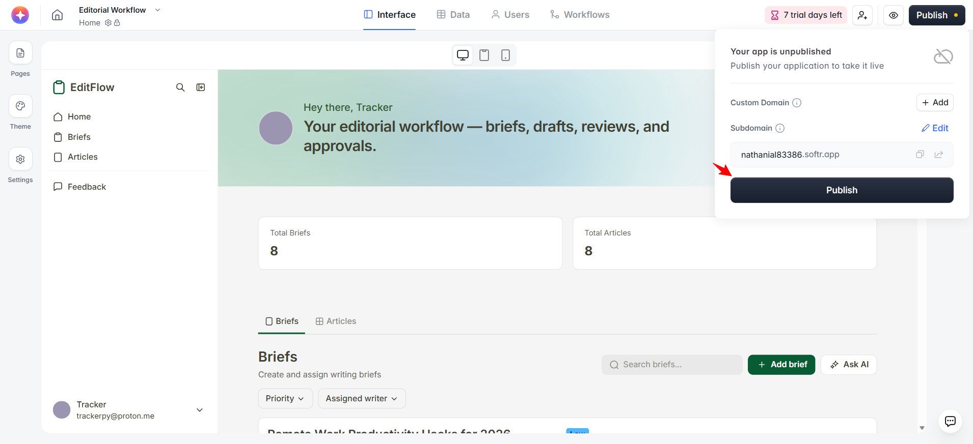 screenshot of the Publish button