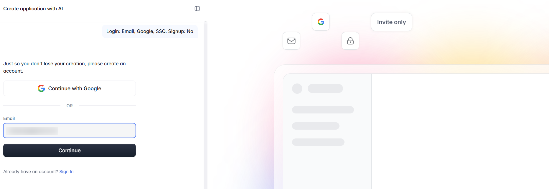 screenshot of Softr Account creation process
