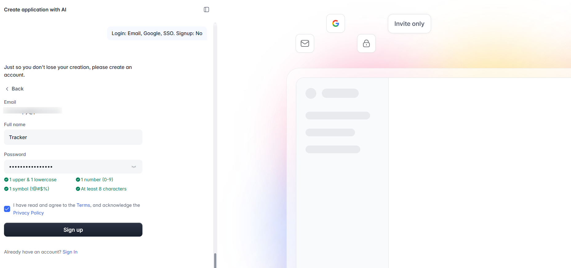 screenshot of Softr sign up form