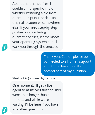 στιγμιότυπο οθόνης της συνομιλίας live chat AI της Surfshark