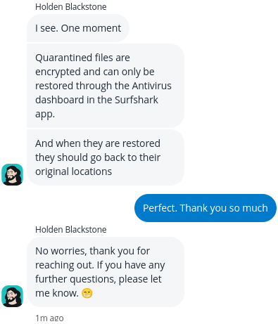 στιγμιότυπο οθόνης της συνομιλίας live chat της Surfshark