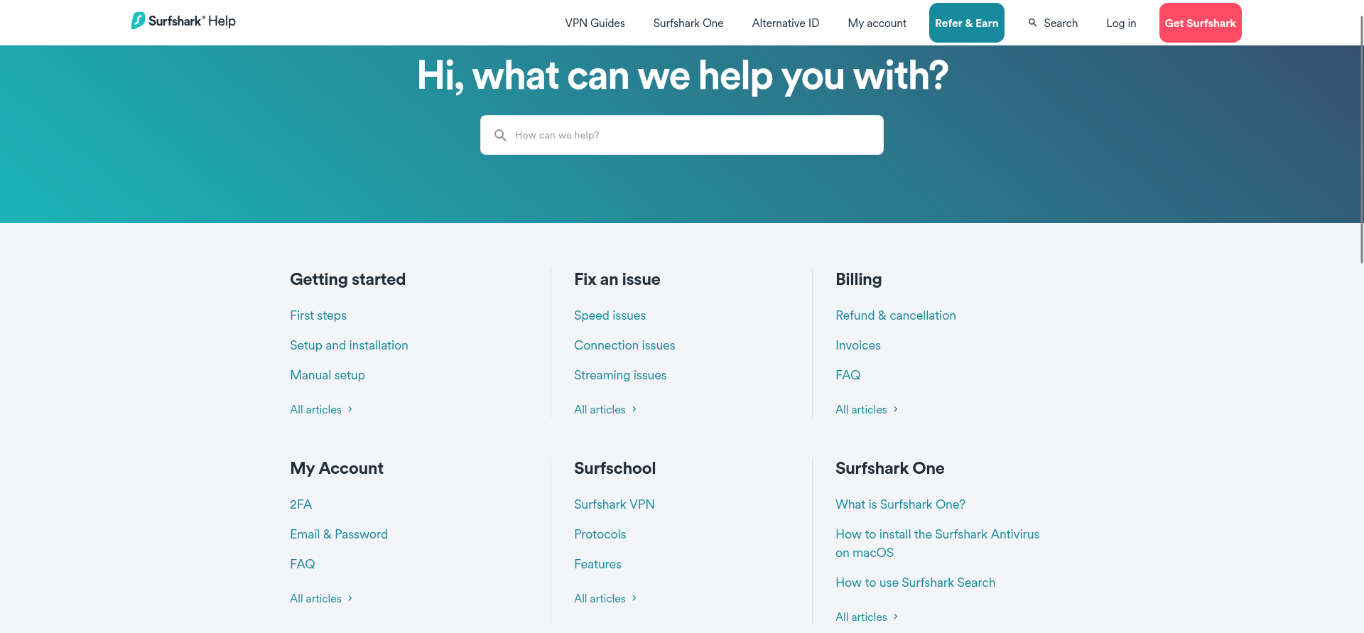 στιγμιότυπο οθόνης του Help Center της Surfshark