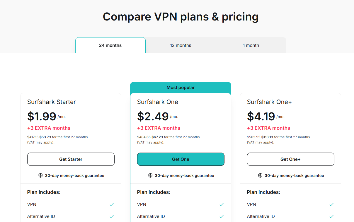 screenshot of Surfshark plans