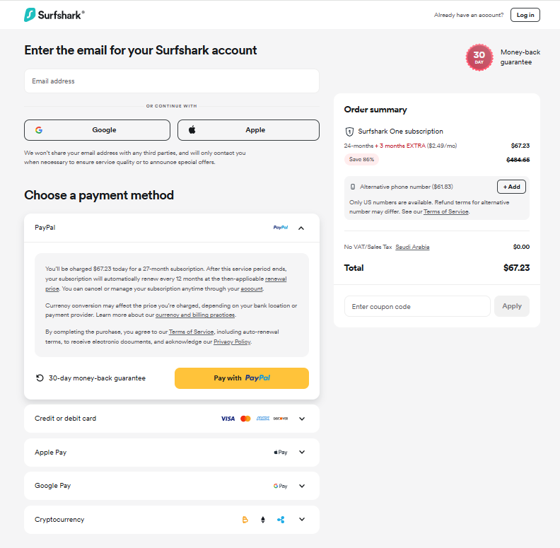 screenshot of Surfshark payment methods