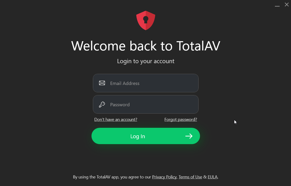 screenshot of TotalAV Log In page