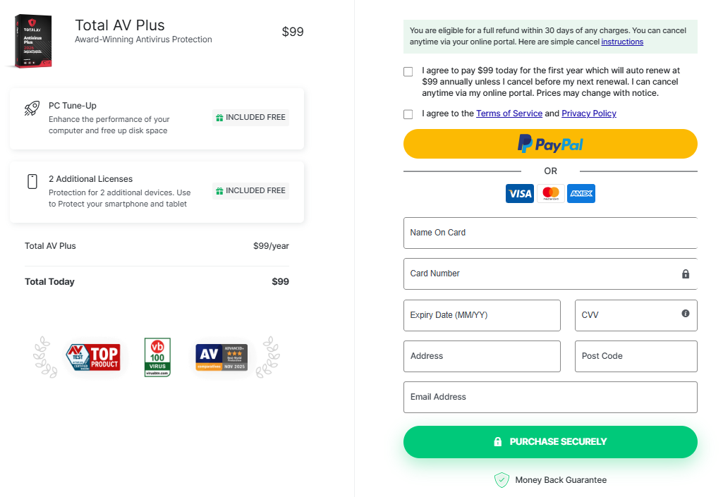 screenshot of TotalAV payment methods