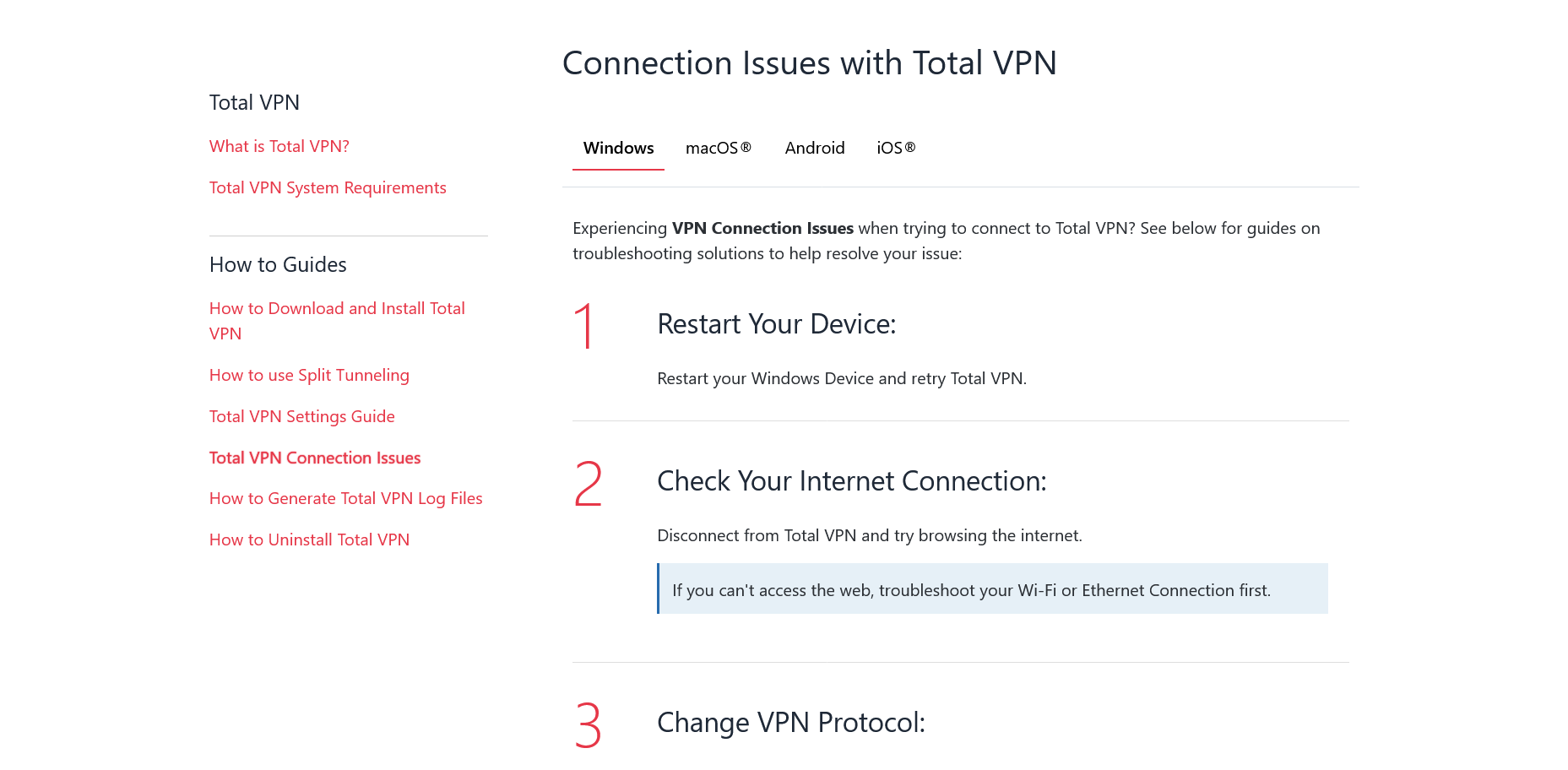 screenshot of TotalVPN Help article
