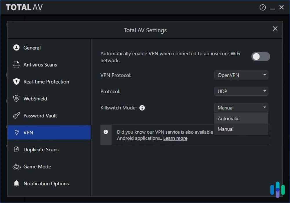 screenshot of TotalAV Settings