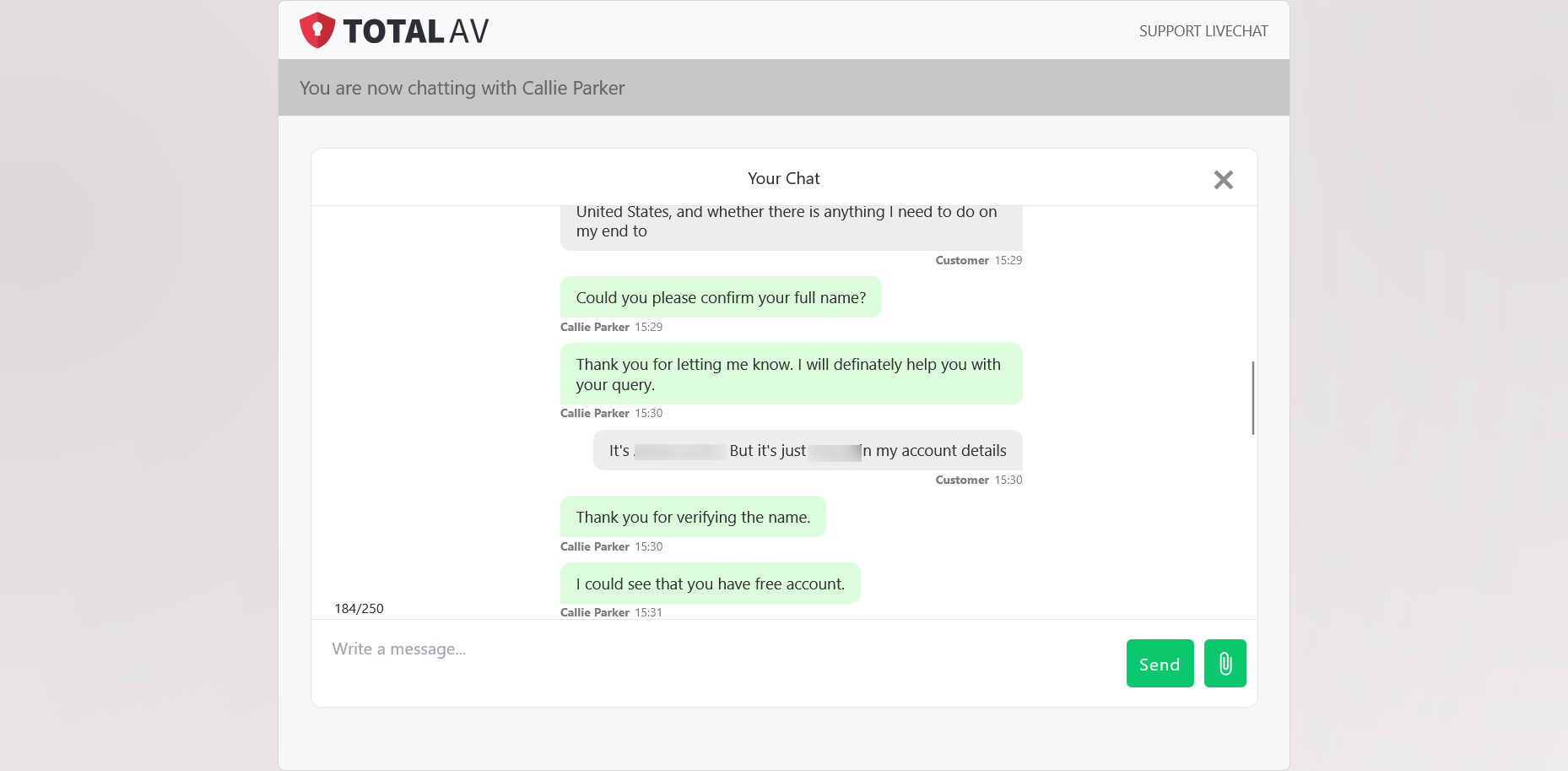screenshot of TotalAV chat conversation