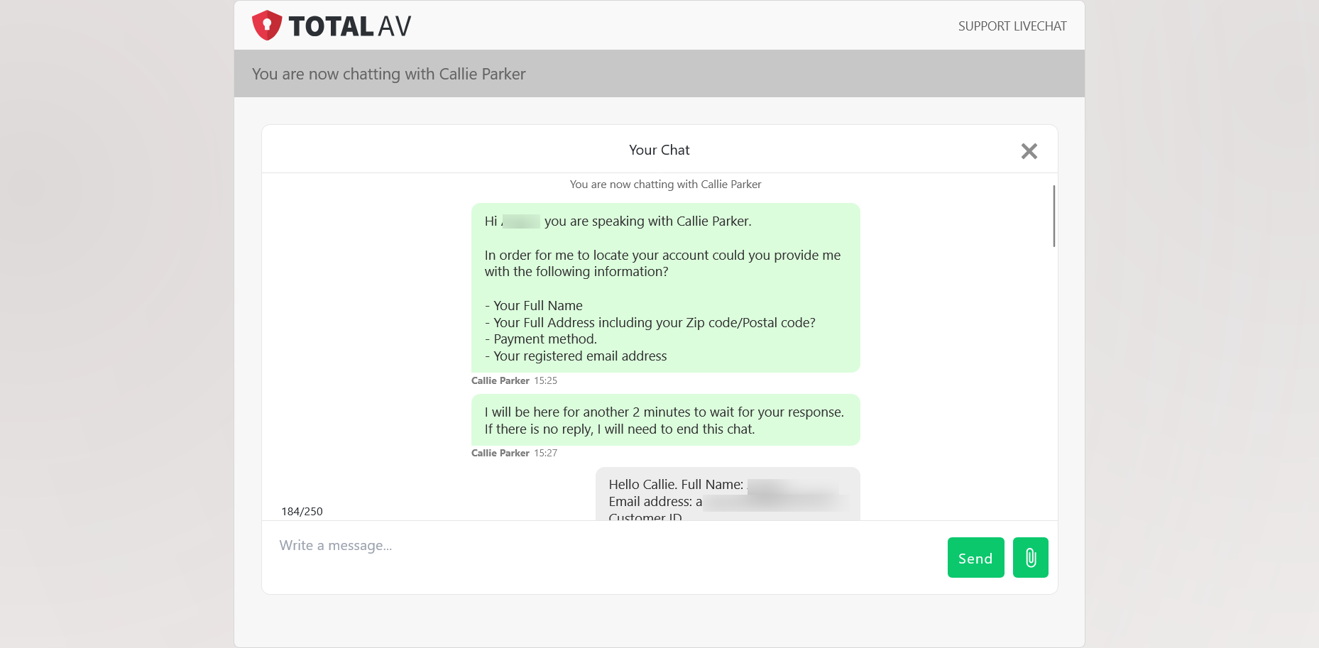 screenshot of TotalAV chat conversation