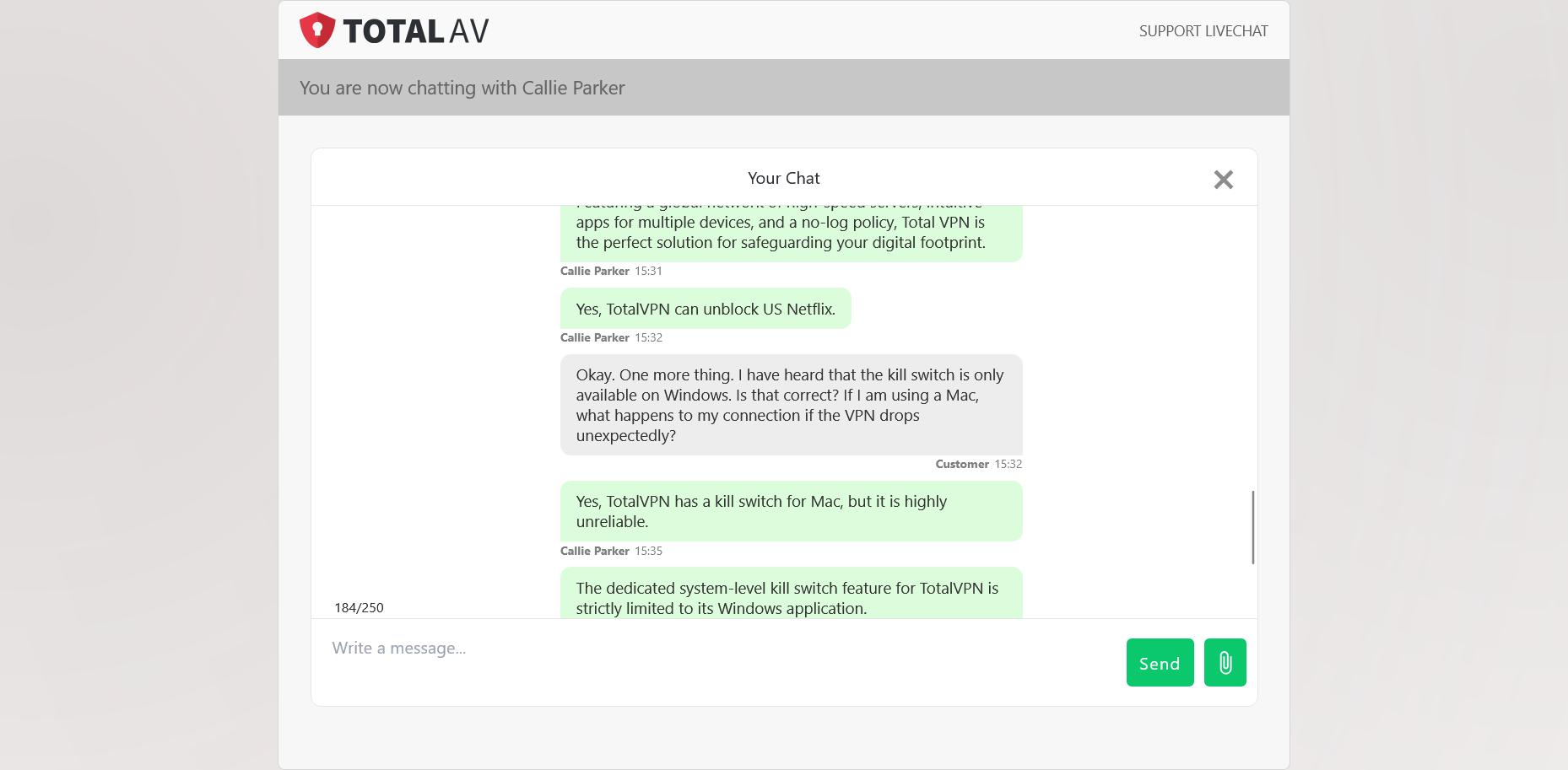 screenshot of TotalAV chat conversation
