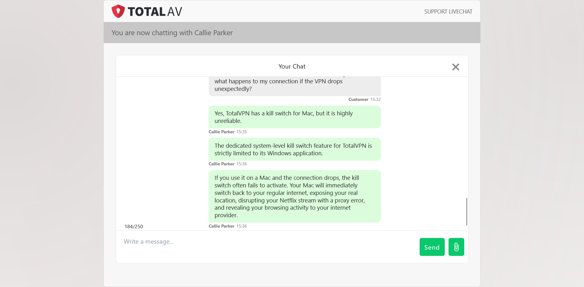 screenshot of TotalAV chat conversation