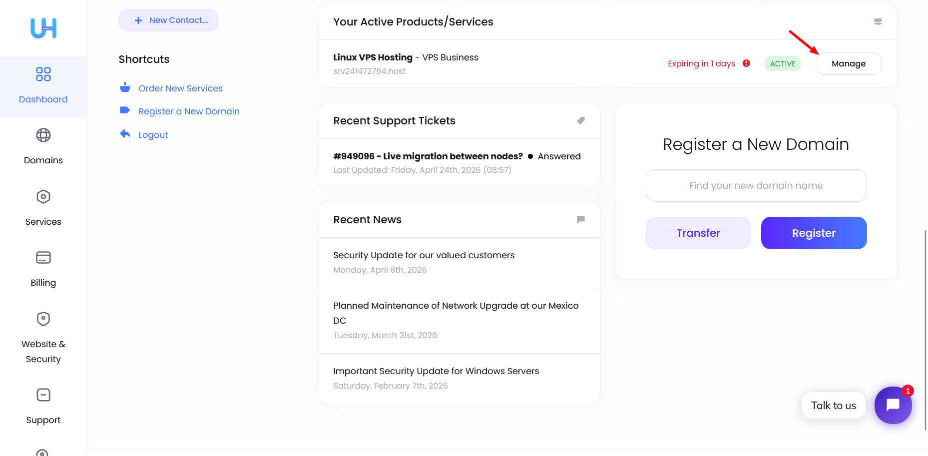 screenshot of UltaHost VPS management