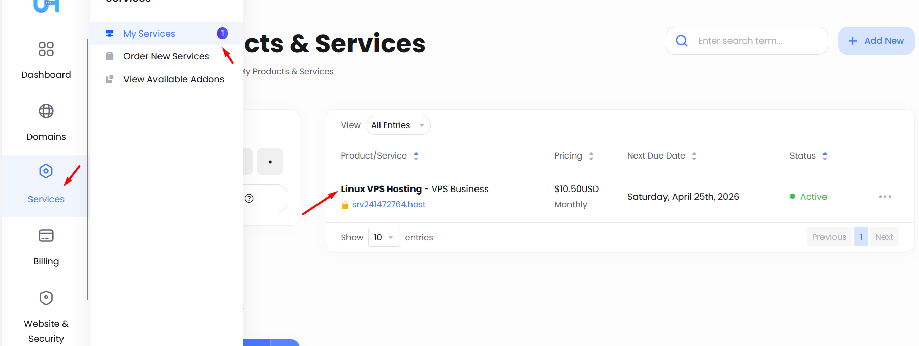 screenshot of UltaHost Services tab