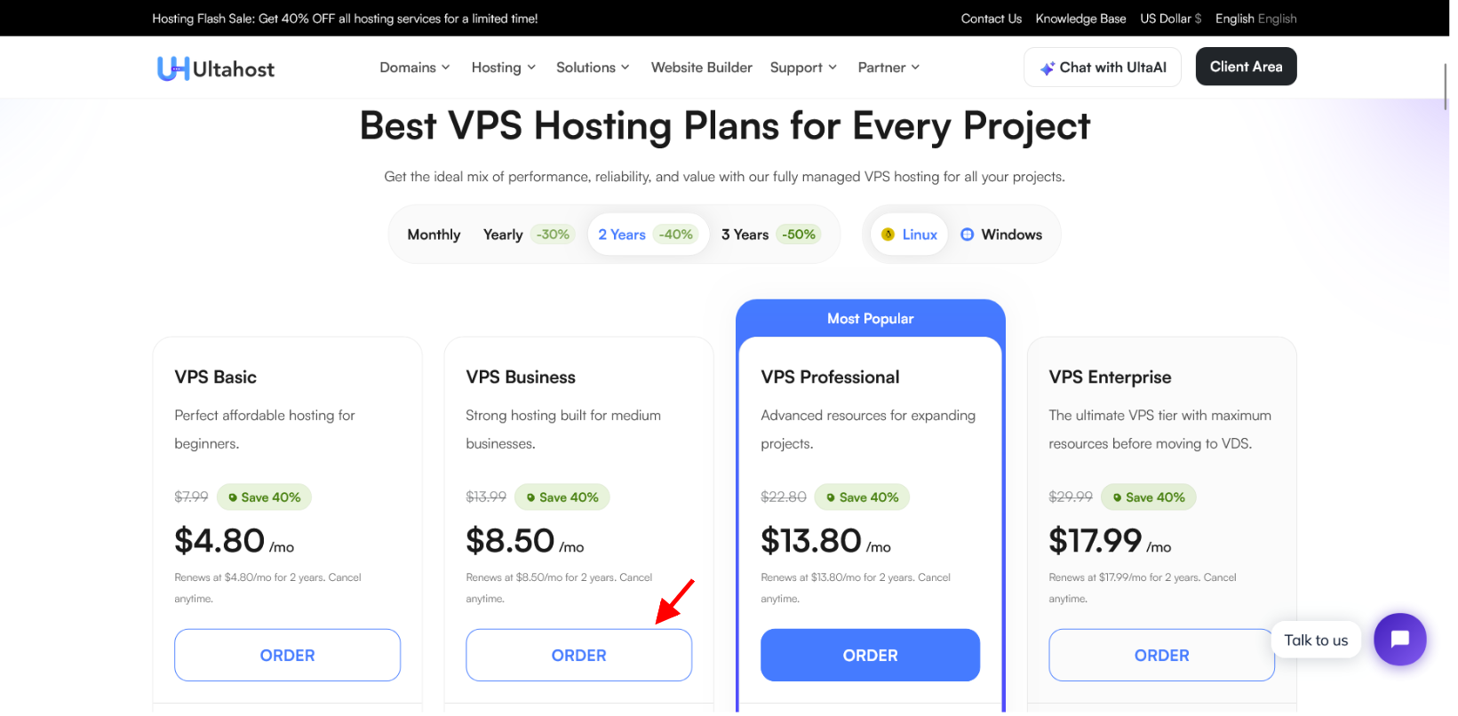 screenshot of UltaHost VPS Hosting plans