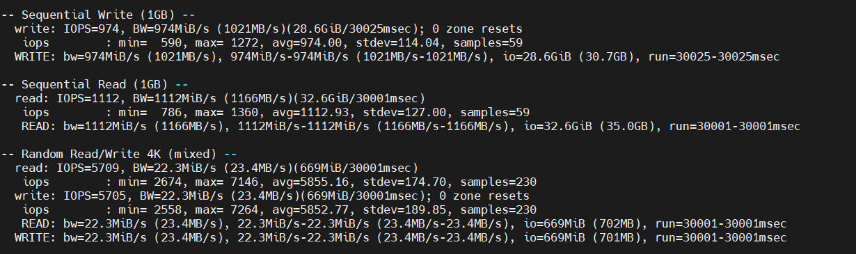 screenshot of Linux Business VPS Hosting plan Disk I/O test results