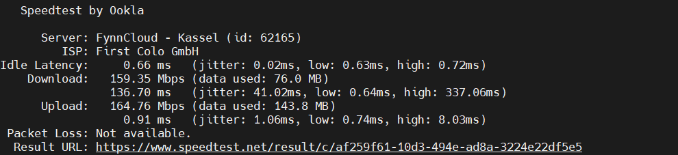 screenshot of Linux Business VPS Hosting plan Network Speed test results