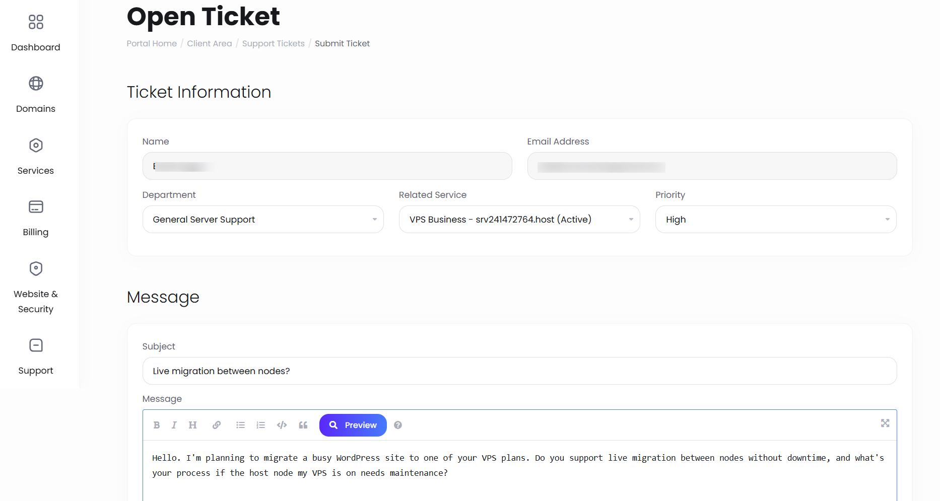 screenshot of Open Ticket page