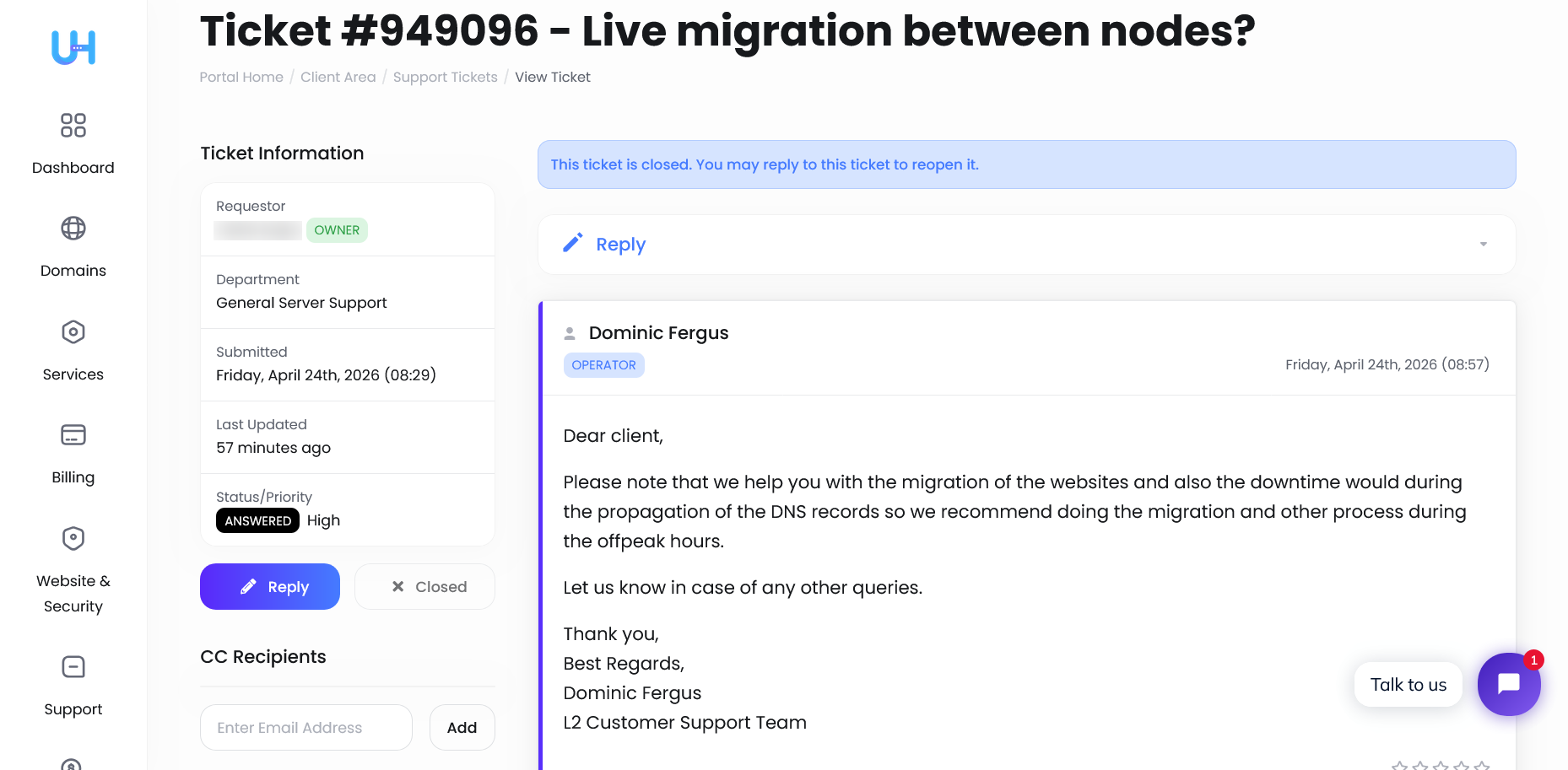 screenshot of Ticket Support page