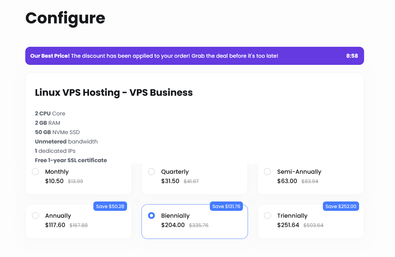 screenshot of UltaHost VPS Hosting plan configurations