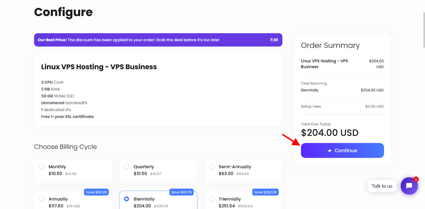 screenshot of UltaHost hosting plan configuration