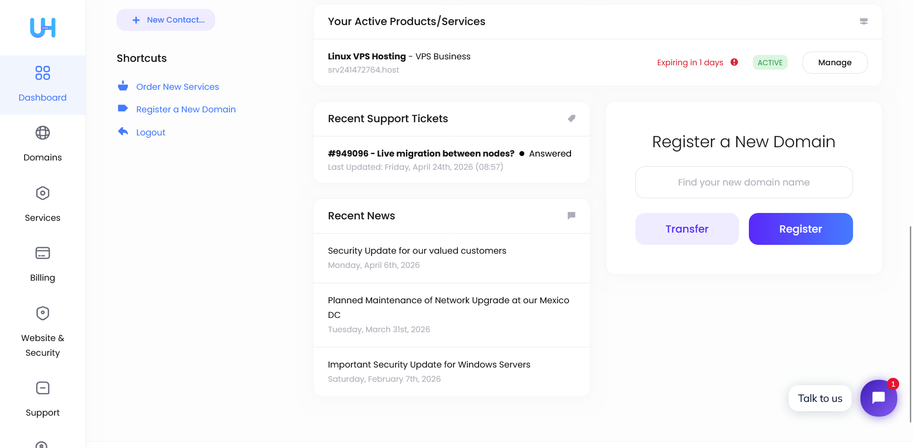 screenshot of UltaHost Dashboard